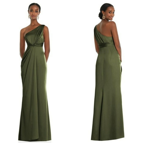 Dessy Collection 3111 One Shoulder Satin Olive Green Gown Formal Dress Sz 0 - Picture 1 of 4